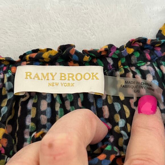 Ramy Brook Eugenia Ruffle Sleeve Top Large Rainbow Dot Stripe Split Neck Peasant - Picture 6 of 12